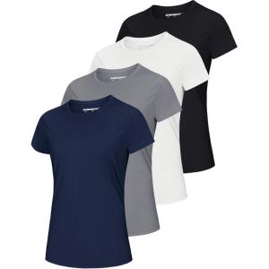 imageMAGCOMSEN 4 Pack Womens Short Sleeve Workout TShirts UPF 50 Moisture Wicking Rash Guard Dry Fit Athletic Running TopsBlack  White  Navy  Light Gray