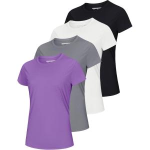 imageMAGCOMSEN 4 Pack Womens Short Sleeve Workout TShirts UPF 50 Moisture Wicking Rash Guard Dry Fit Athletic Running TopsWhite  Black  Light Gray  Light Purple