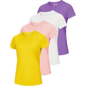 imageMAGCOMSEN 4 Pack Womens Short Sleeve Workout TShirts UPF 50 Moisture Wicking Rash Guard Dry Fit Athletic Running TopsWhite  Light Pink  Yellow  Light Purple