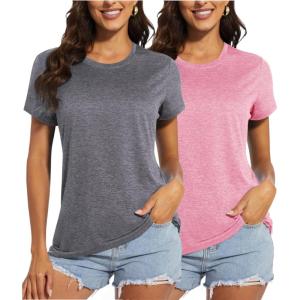 imageMAGCOMSEN Womens Short Sleeve Quick Dry TShirt Cool Wicking Moisture Workout Athletic Hiking Running Yoga Gym 2 Pack2 Packdark Grey pink