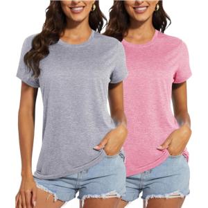 imageMAGCOMSEN Womens Short Sleeve Quick Dry TShirt Cool Wicking Moisture Workout Athletic Hiking Running Yoga Gym 2 Pack2 Packlight Grey pink