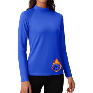 imageMAGCOMSEN Womens Thermal Shirts Mock Turtleneck Fleece Lined Long Sleeve Workout Tops Underwear Base Layer RunningColour Blue