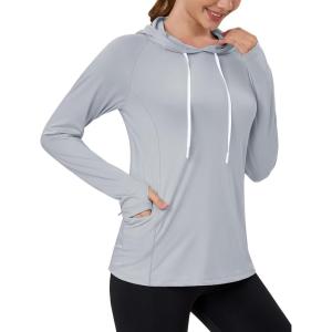 imageMAGCOMSEN Womens UPF 80 Sun Protection Hoodie Shirt Long Sleeve Outdoor Hiking Fishing Rash Guard with PocketBrightgray