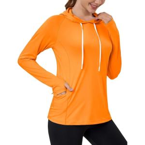 imageMAGCOMSEN Womens UPF 80 Sun Protection Hoodie Shirt Long Sleeve Outdoor Hiking Fishing Rash Guard with PocketFrorange