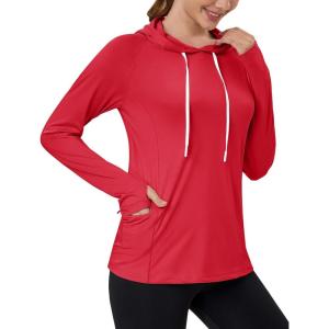 imageMAGCOMSEN Womens UPF 80 Sun Protection Hoodie Shirt Long Sleeve Outdoor Hiking Fishing Rash Guard with PocketTomatored
