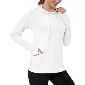 imageMAGCOMSEN Womens UPF 80 Sun Protection Hoodie Shirt Long Sleeve Outdoor Hiking Fishing Rash Guard with PocketWhite