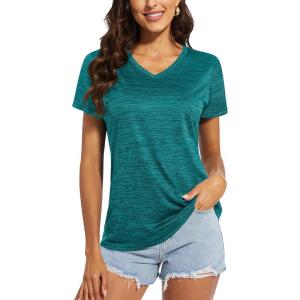 imageMAGCOMSEN Womens V Neck Workout Shirts Short Sleeve Moisture Wicking Yoga TShirts Quick Dry Athletic TopsEmerald Green