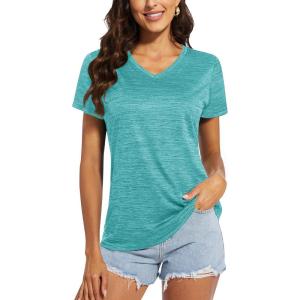 imageMAGCOMSEN Womens V Neck Workout Shirts Short Sleeve Moisture Wicking Yoga TShirts Quick Dry Athletic TopsLight Green