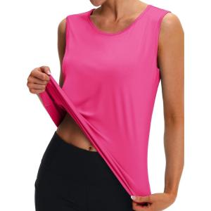 imageMAGCOMSEN Womens Workout Tank Top Athletic Muscle Sleeveless Crew Neck Shirt UPF 80 Moisture Wicking Gym RunningRose Red