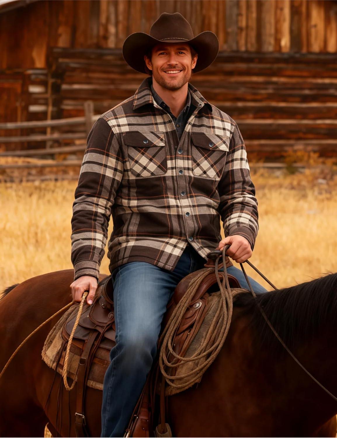 imageMAGCOMSEN Mens Flannel Shirts Long Sleeve Quilted Lined Button Down Plaid Flannel Jacket Heavyweight Warm Winter CoatBrown Yellow