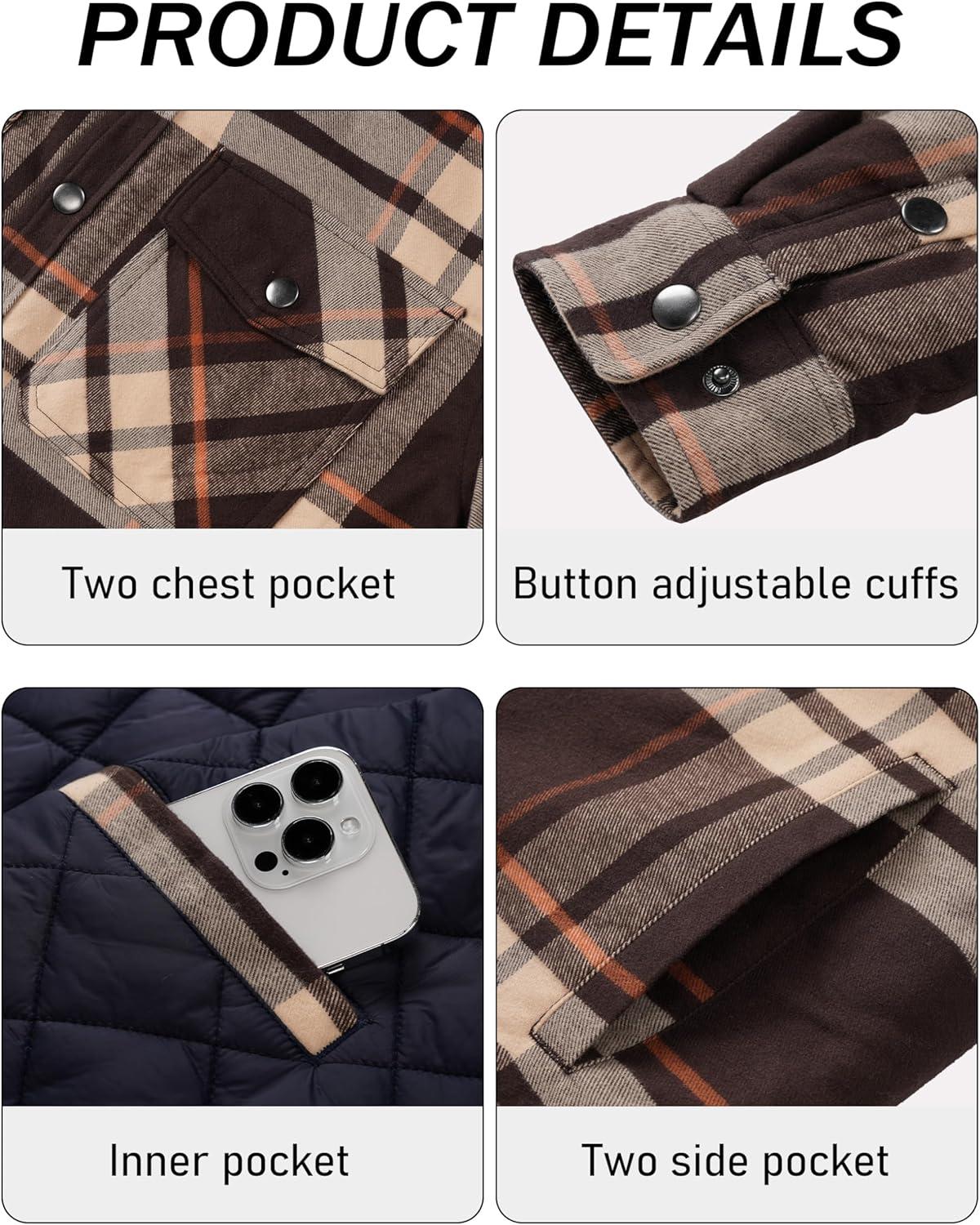 imageMAGCOMSEN Mens Flannel Shirts Long Sleeve Quilted Lined Button Down Plaid Flannel Jacket Heavyweight Warm Winter CoatBrown Yellow