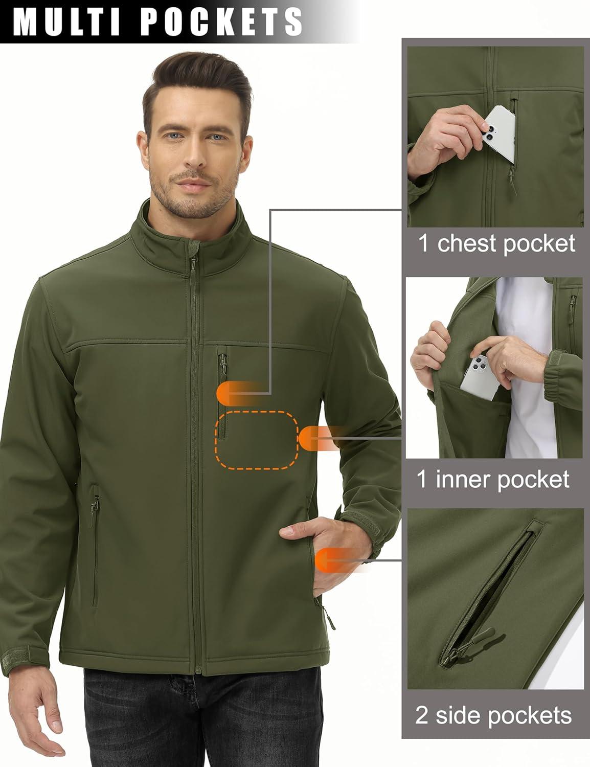 imageMAGCOMSEN Mens Lightweight Softshell Jacket Fleece Lined Tactical Waterproof Windbreaker Rain Jacket for Outdoor HikingArmy Green