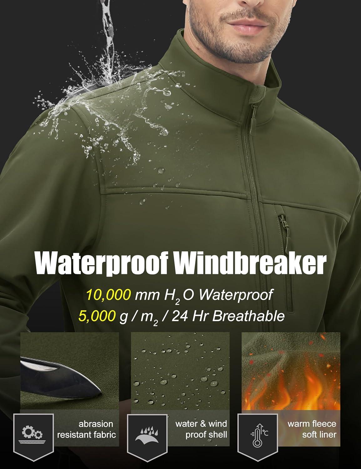 imageMAGCOMSEN Mens Lightweight Softshell Jacket Fleece Lined Tactical Waterproof Windbreaker Rain Jacket for Outdoor HikingArmy Green