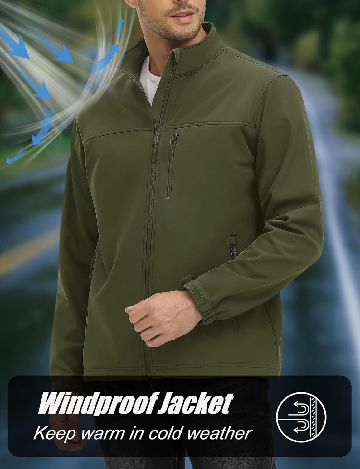 imageMAGCOMSEN Mens Lightweight Softshell Jacket Fleece Lined Tactical Waterproof Windbreaker Rain Jacket for Outdoor HikingArmy Green