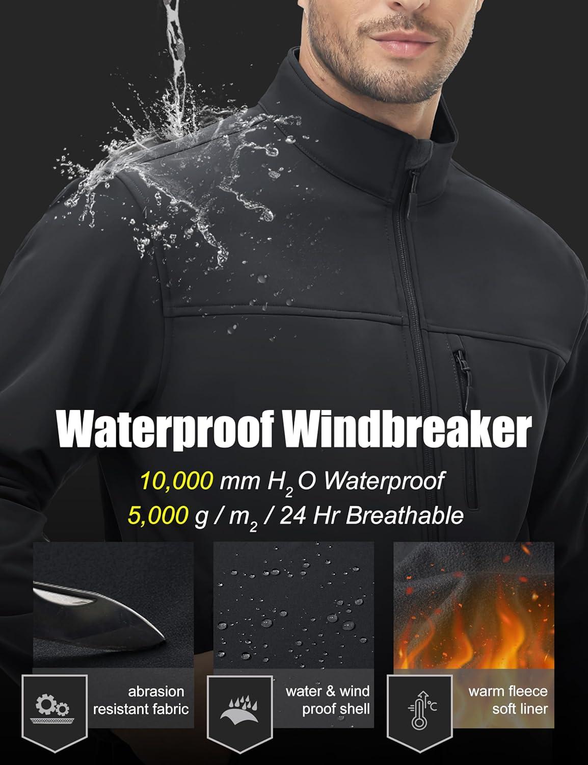 imageMAGCOMSEN Mens Lightweight Softshell Jacket Fleece Lined Tactical Waterproof Windbreaker Rain Jacket for Outdoor HikingBlack