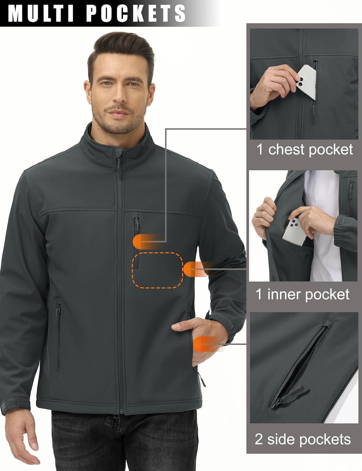 imageMAGCOMSEN Mens Lightweight Softshell Jacket Fleece Lined Tactical Waterproof Windbreaker Rain Jacket for Outdoor HikingDark Grey