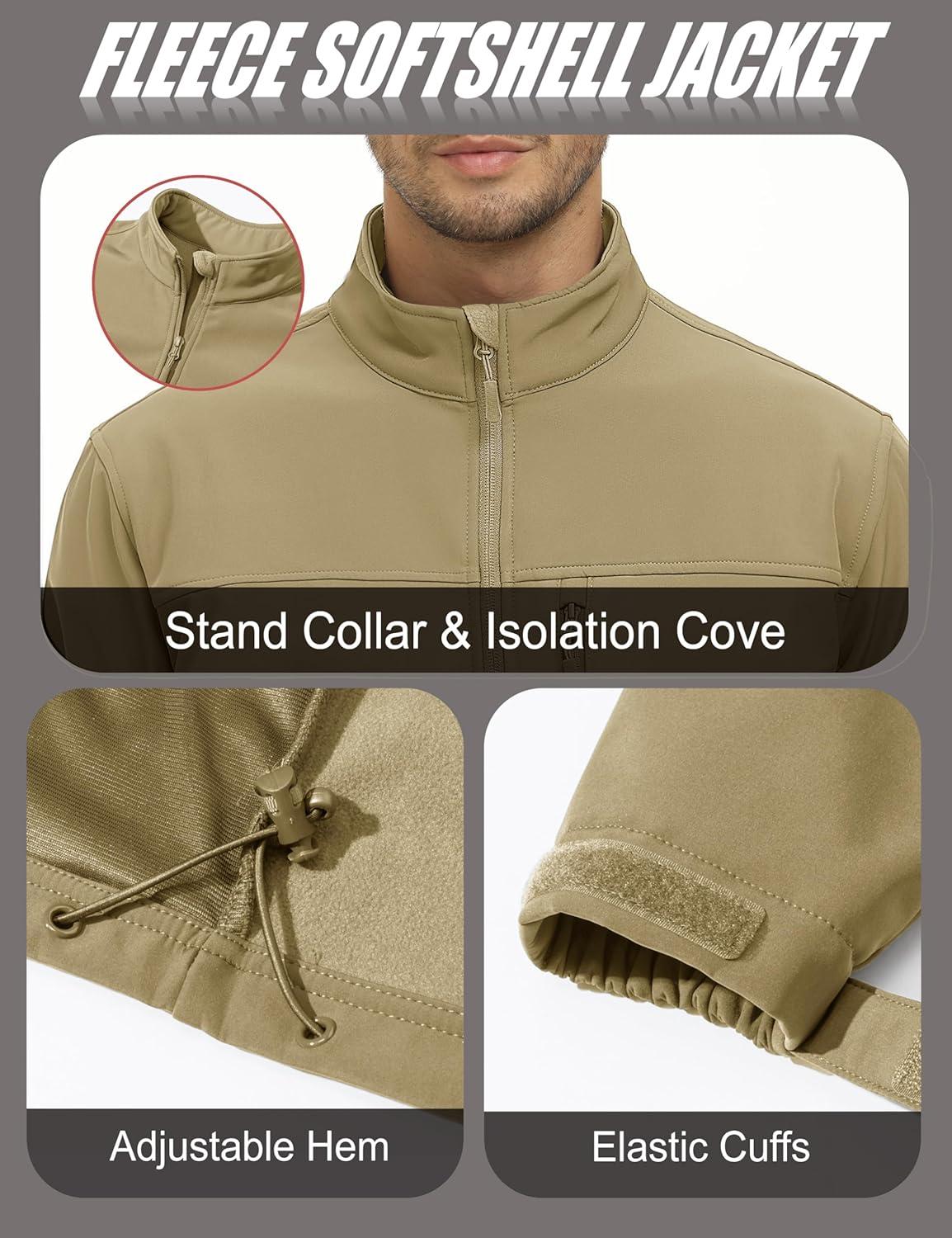 imageMAGCOMSEN Mens Lightweight Softshell Jacket Fleece Lined Tactical Waterproof Windbreaker Rain Jacket for Outdoor HikingKhaki