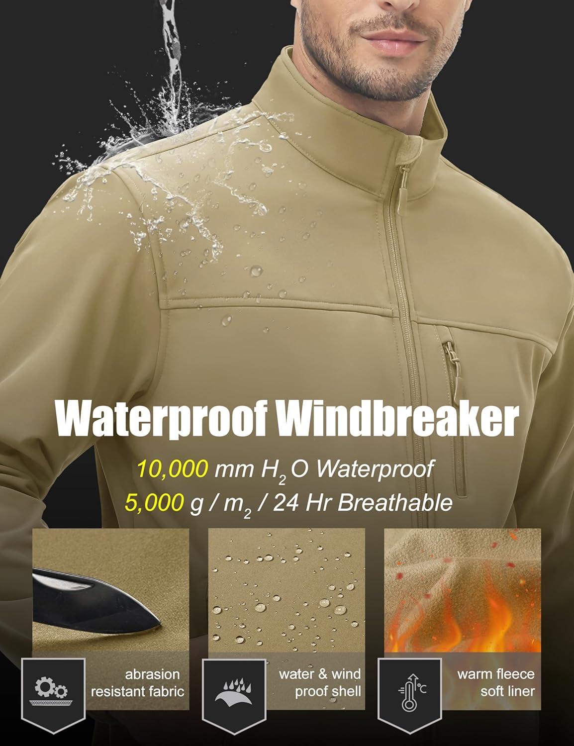 imageMAGCOMSEN Mens Lightweight Softshell Jacket Fleece Lined Tactical Waterproof Windbreaker Rain Jacket for Outdoor HikingKhaki