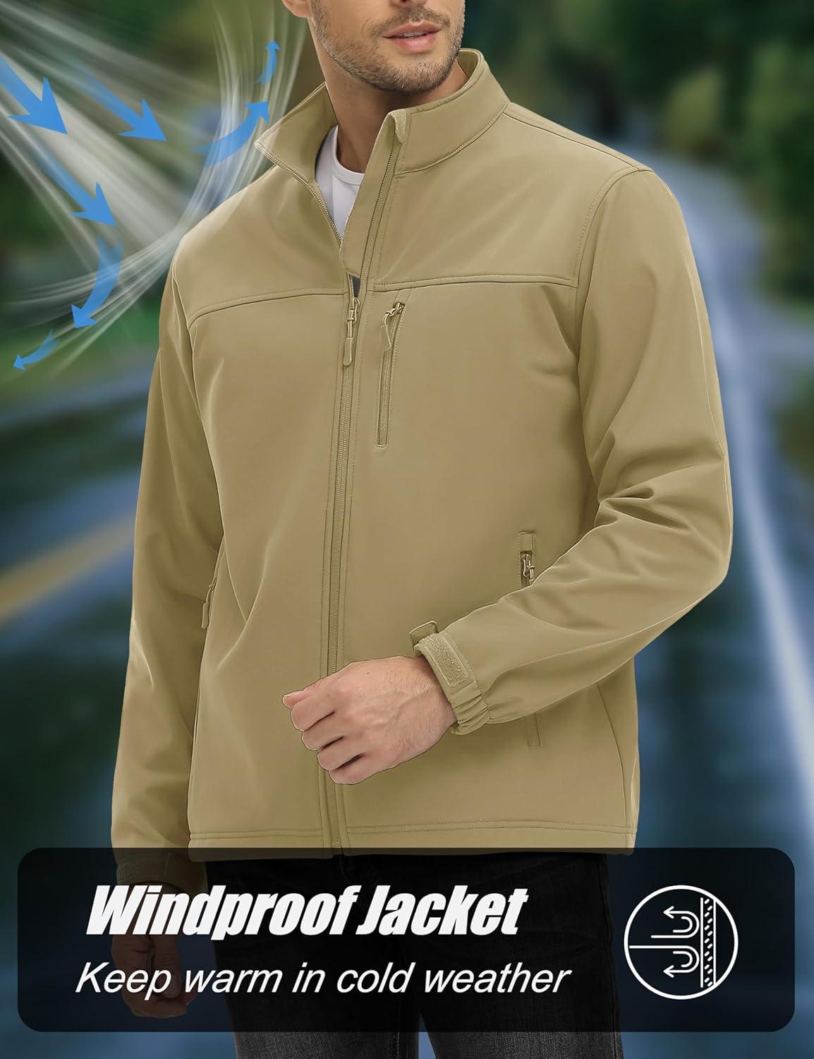 imageMAGCOMSEN Mens Lightweight Softshell Jacket Fleece Lined Tactical Waterproof Windbreaker Rain Jacket for Outdoor HikingKhaki