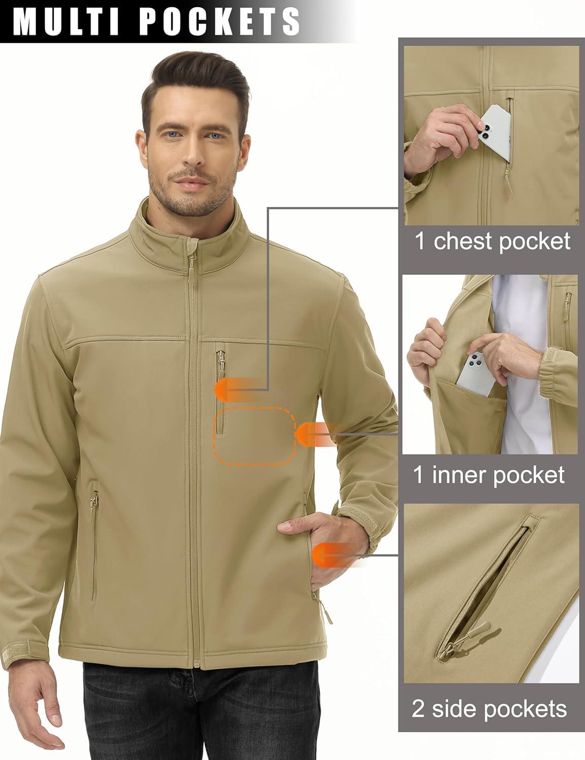 imageMAGCOMSEN Mens Lightweight Softshell Jacket Fleece Lined Tactical Waterproof Windbreaker Rain Jacket for Outdoor HikingKhaki