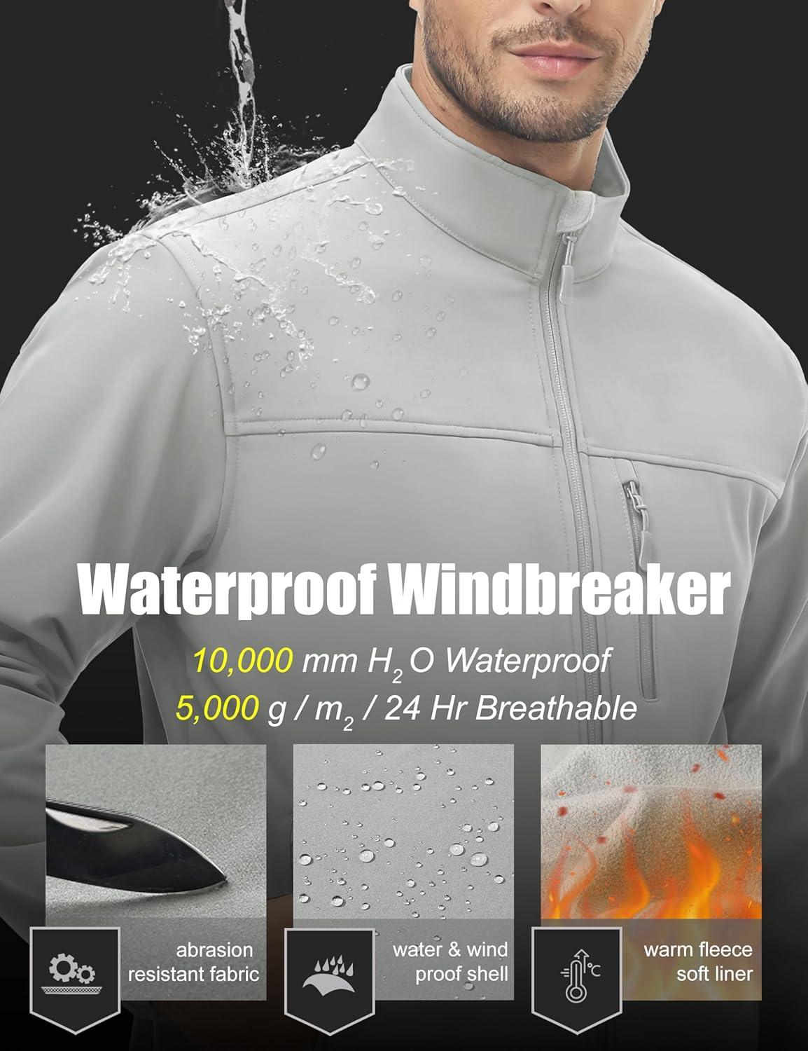 imageMAGCOMSEN Mens Lightweight Softshell Jacket Fleece Lined Tactical Waterproof Windbreaker Rain Jacket for Outdoor HikingLight Grey