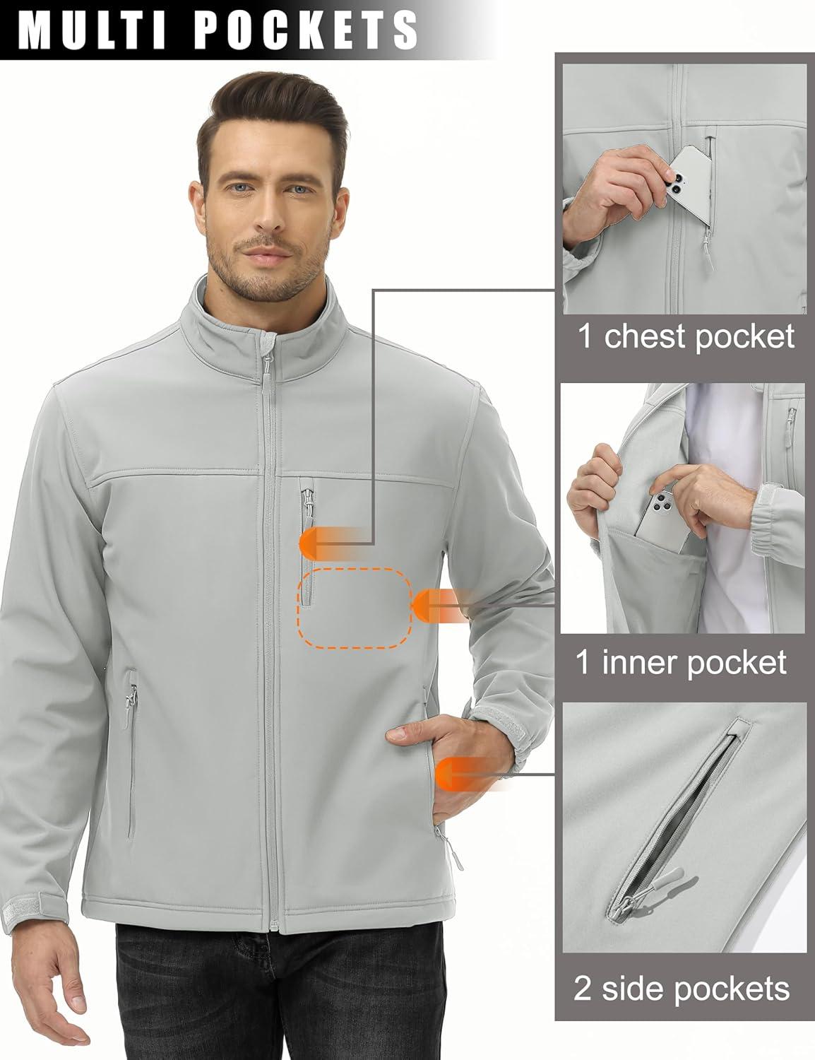 imageMAGCOMSEN Mens Lightweight Softshell Jacket Fleece Lined Tactical Waterproof Windbreaker Rain Jacket for Outdoor HikingLight Grey