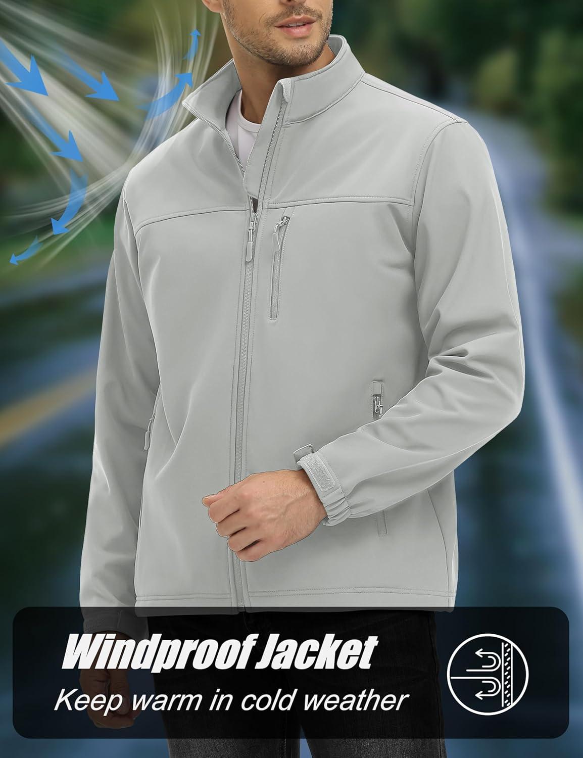 imageMAGCOMSEN Mens Lightweight Softshell Jacket Fleece Lined Tactical Waterproof Windbreaker Rain Jacket for Outdoor HikingLight Grey