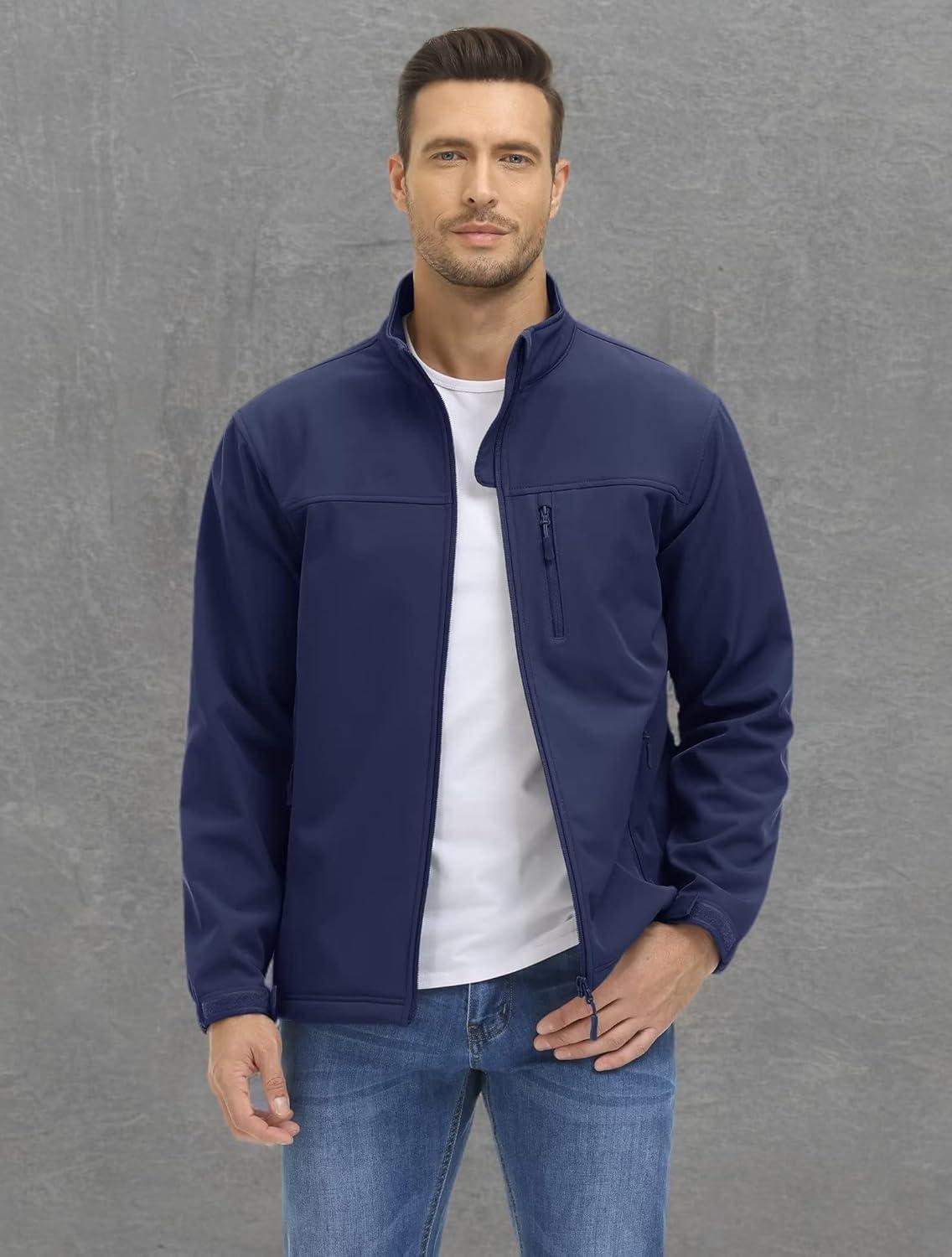 imageMAGCOMSEN Mens Lightweight Softshell Jacket Fleece Lined Tactical Waterproof Windbreaker Rain Jacket for Outdoor HikingNavy