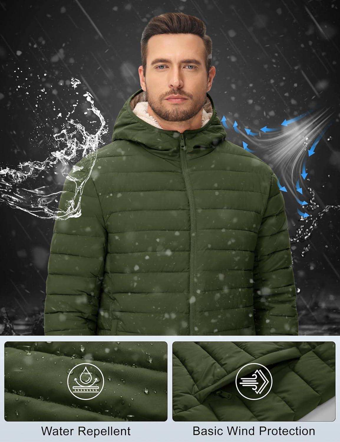 imageMAGCOMSEN Mens Puffer Jacket with Hood Fleece lined Warm Puffer Coats Water Resistant Down Jacket Zip Up Winter JacketsArmygreen