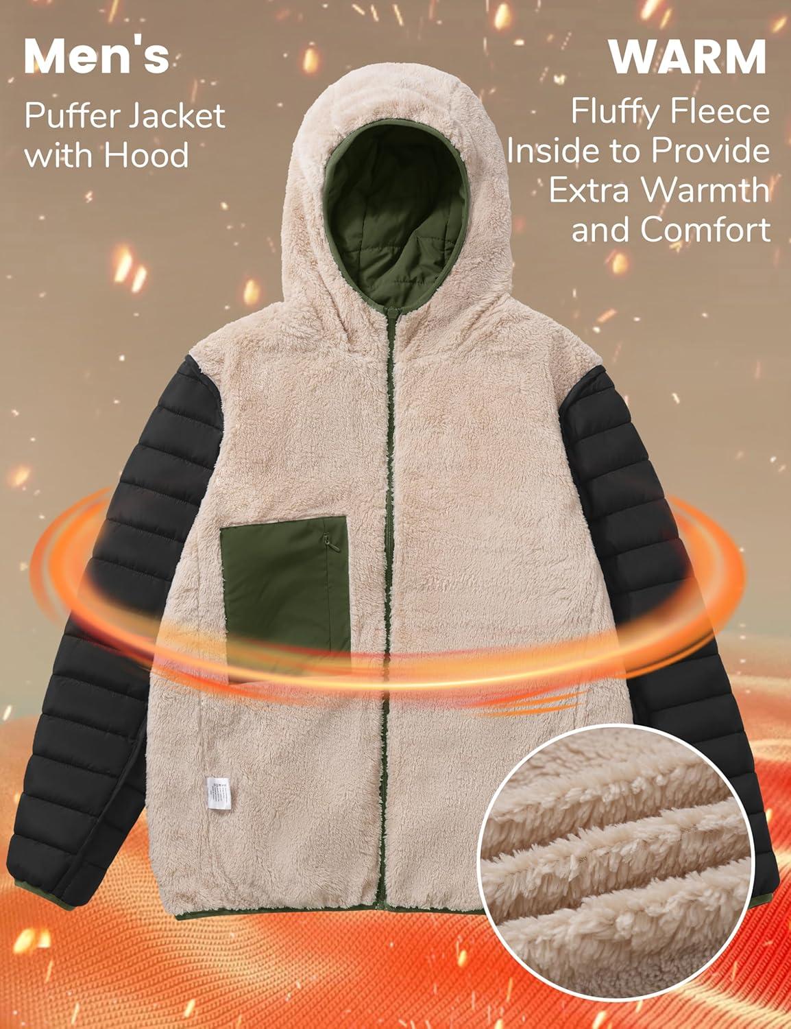 imageMAGCOMSEN Mens Puffer Jacket with Hood Fleece lined Warm Puffer Coats Water Resistant Down Jacket Zip Up Winter JacketsArmygreen