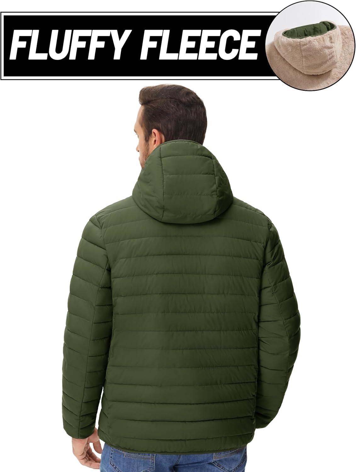 imageMAGCOMSEN Mens Puffer Jacket with Hood Fleece lined Warm Puffer Coats Water Resistant Down Jacket Zip Up Winter JacketsArmygreen