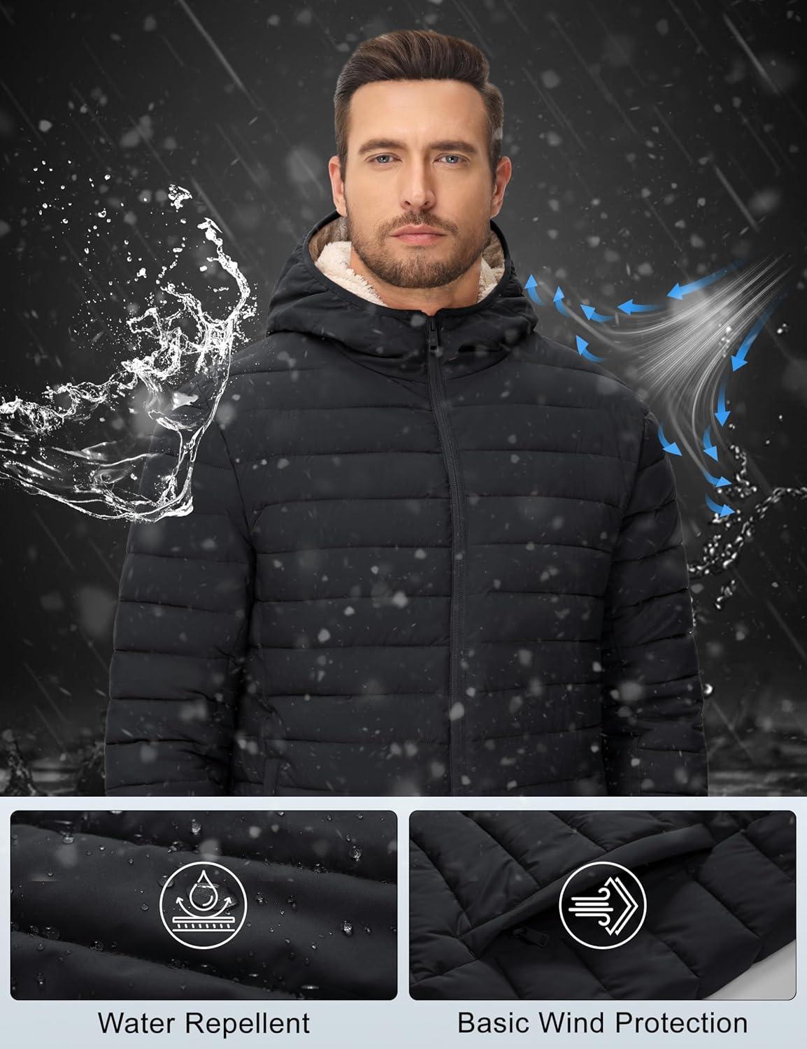 imageMAGCOMSEN Mens Puffer Jacket with Hood Fleece lined Warm Puffer Coats Water Resistant Down Jacket Zip Up Winter JacketsBlack