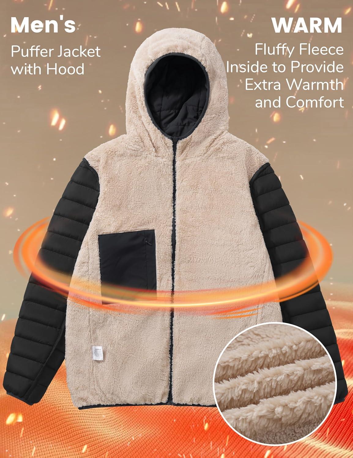 imageMAGCOMSEN Mens Puffer Jacket with Hood Fleece lined Warm Puffer Coats Water Resistant Down Jacket Zip Up Winter JacketsBlack