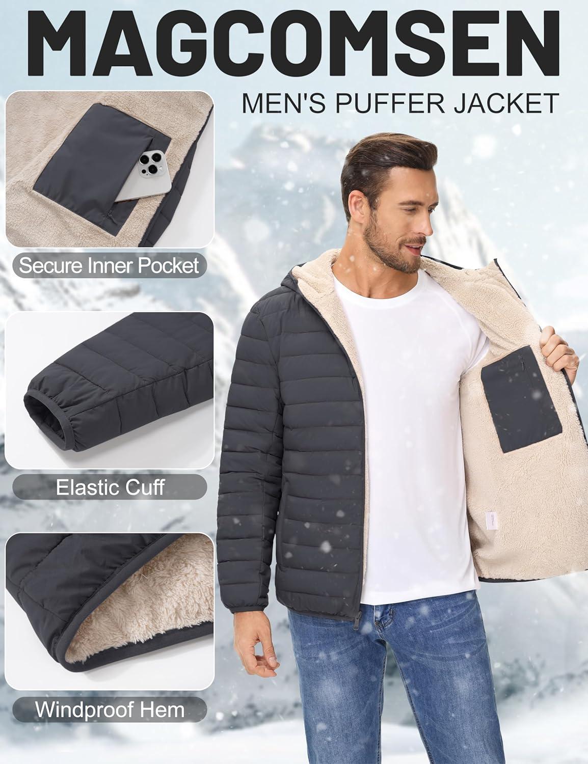 imageMAGCOMSEN Mens Puffer Jacket with Hood Fleece lined Warm Puffer Coats Water Resistant Down Jacket Zip Up Winter JacketsDark Grey