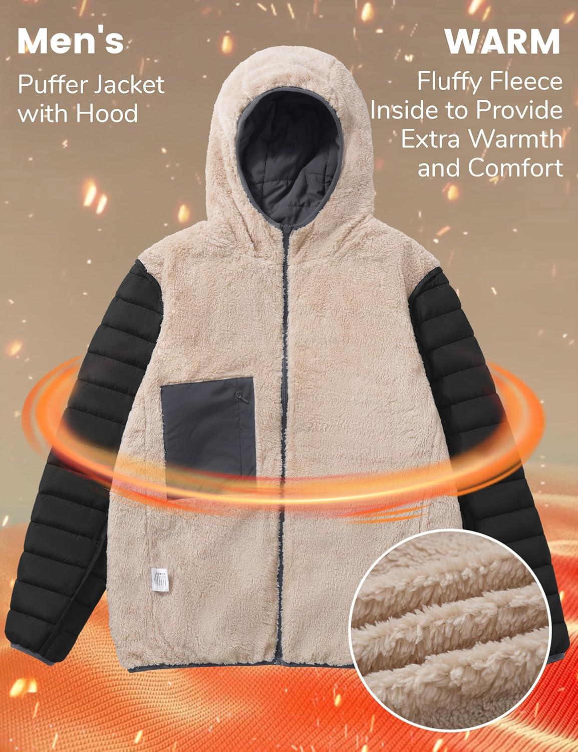 imageMAGCOMSEN Mens Puffer Jacket with Hood Fleece lined Warm Puffer Coats Water Resistant Down Jacket Zip Up Winter JacketsDark Grey