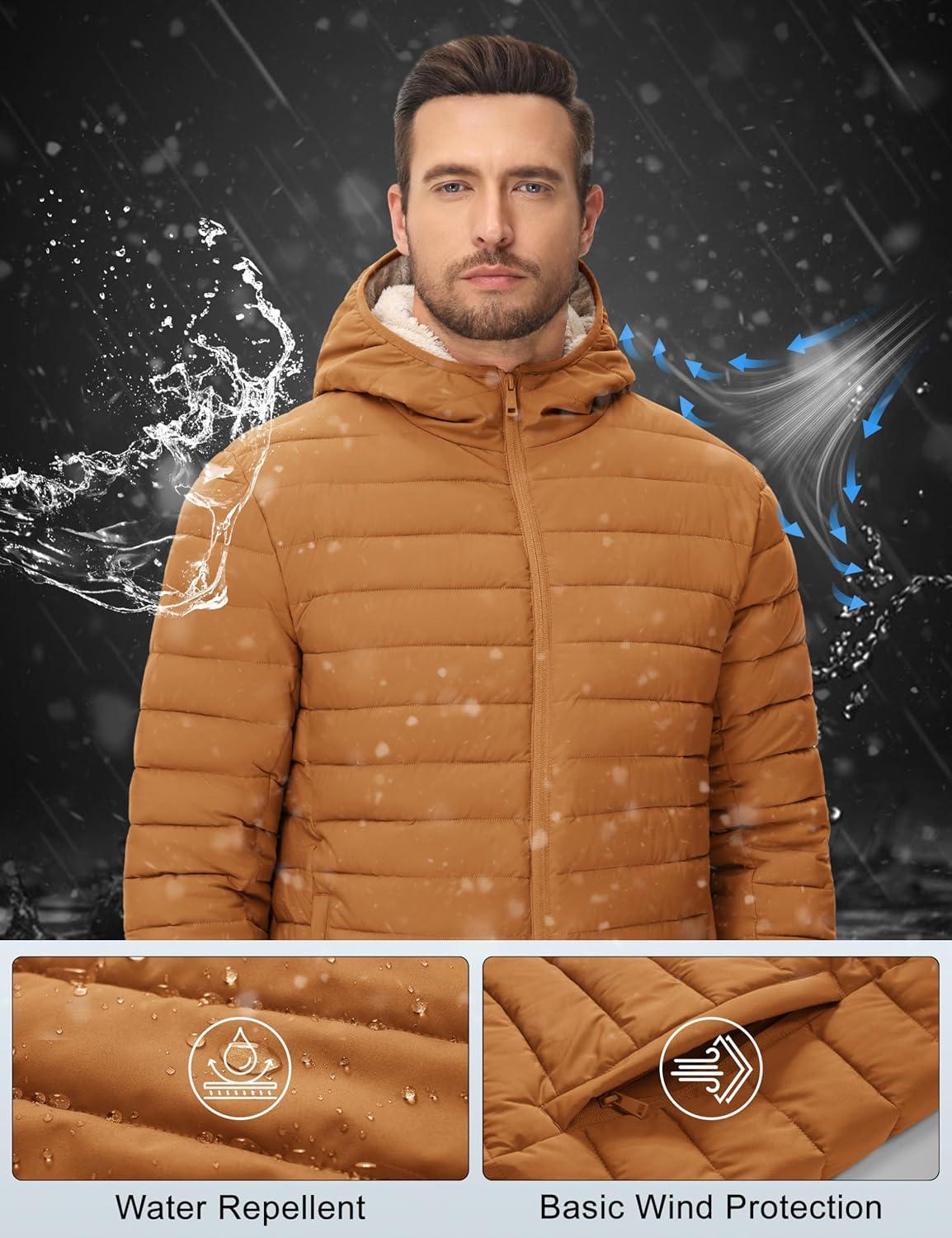 imageMAGCOMSEN Mens Puffer Jacket with Hood Fleece lined Warm Puffer Coats Water Resistant Down Jacket Zip Up Winter JacketsLightbrown