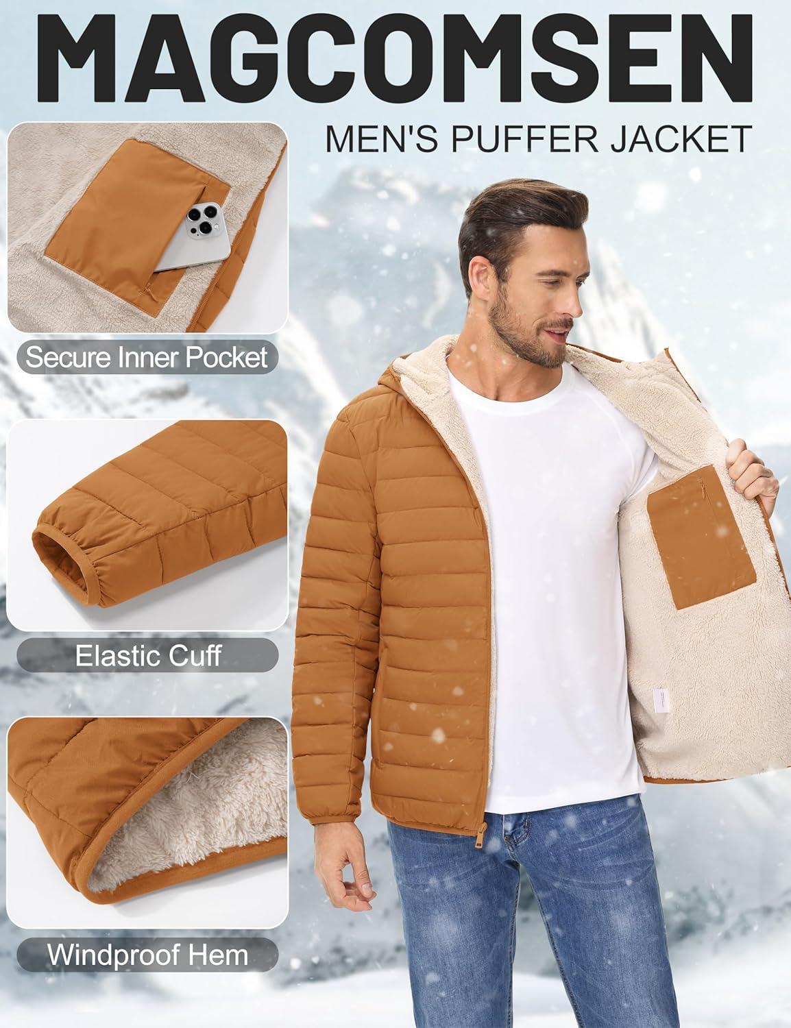 imageMAGCOMSEN Mens Puffer Jacket with Hood Fleece lined Warm Puffer Coats Water Resistant Down Jacket Zip Up Winter JacketsLightbrown