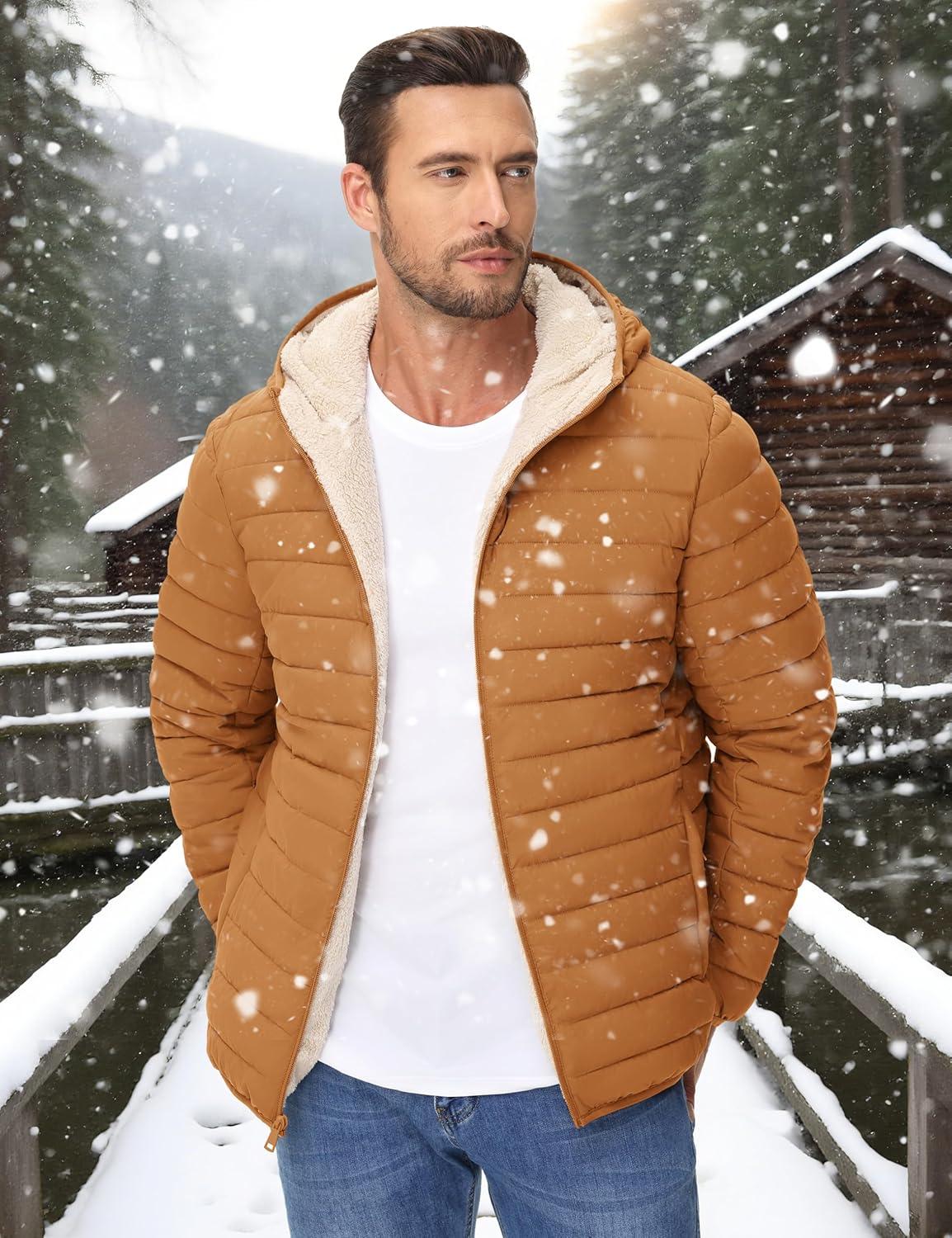 imageMAGCOMSEN Mens Puffer Jacket with Hood Fleece lined Warm Puffer Coats Water Resistant Down Jacket Zip Up Winter JacketsLightbrown