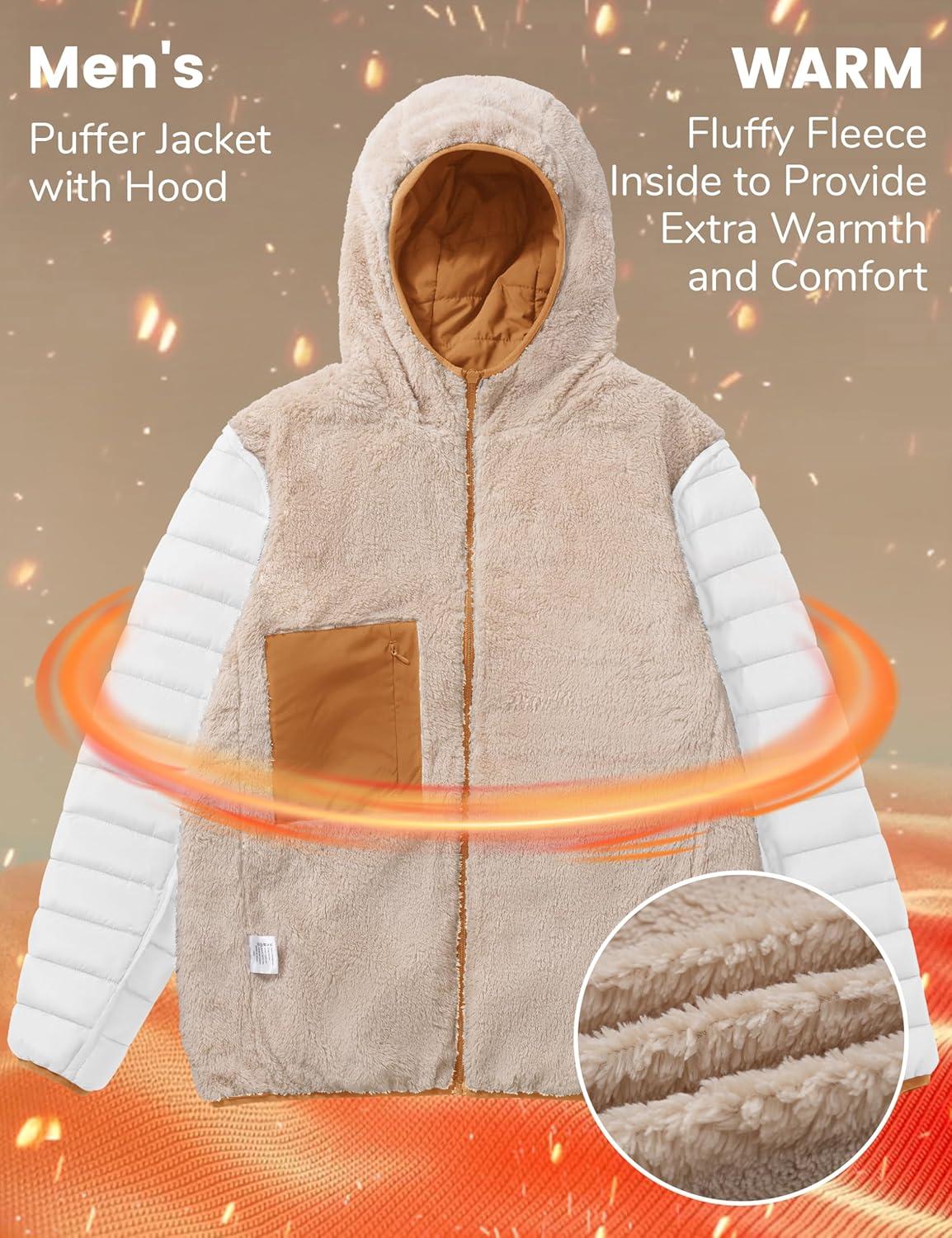 imageMAGCOMSEN Mens Puffer Jacket with Hood Fleece lined Warm Puffer Coats Water Resistant Down Jacket Zip Up Winter JacketsLightbrown