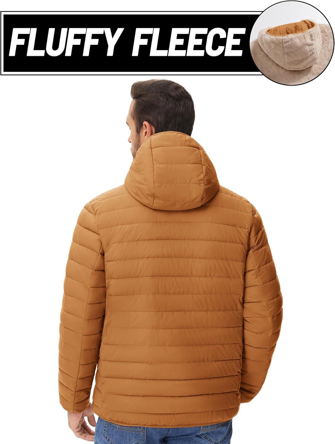 imageMAGCOMSEN Mens Puffer Jacket with Hood Fleece lined Warm Puffer Coats Water Resistant Down Jacket Zip Up Winter JacketsLightbrown