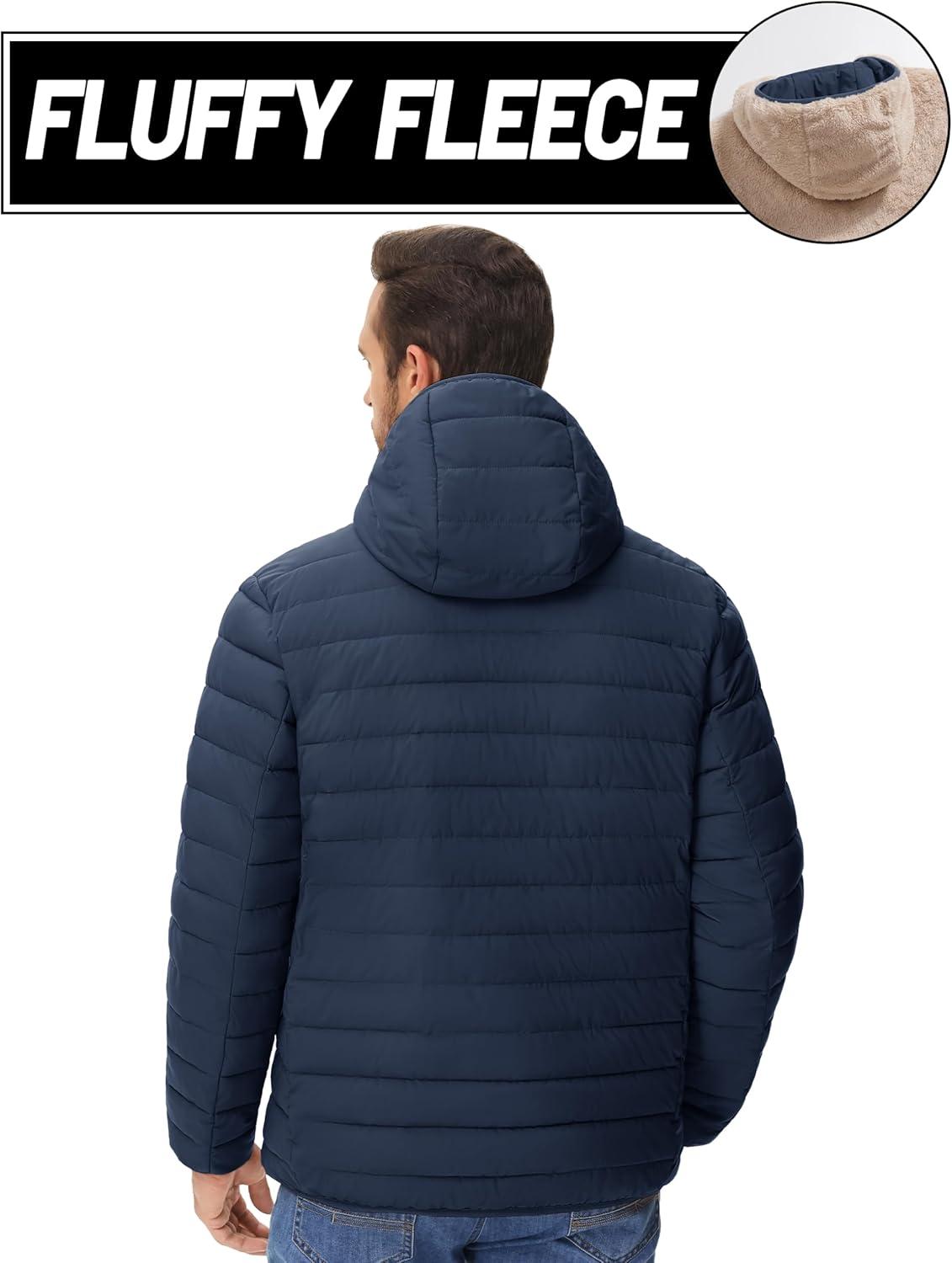 imageMAGCOMSEN Mens Puffer Jacket with Hood Fleece lined Warm Puffer Coats Water Resistant Down Jacket Zip Up Winter JacketsNavy
