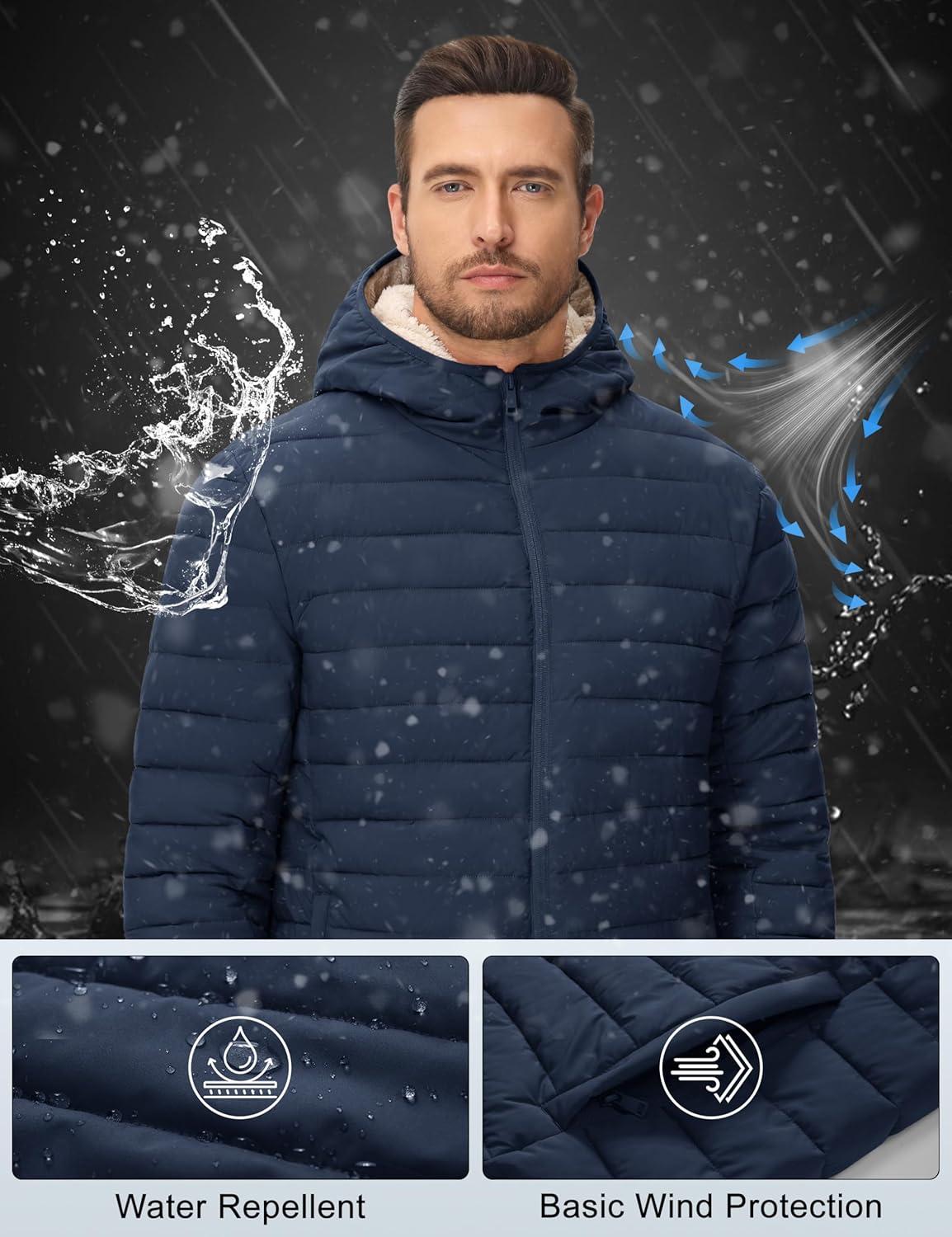 imageMAGCOMSEN Mens Puffer Jacket with Hood Fleece lined Warm Puffer Coats Water Resistant Down Jacket Zip Up Winter JacketsNavy
