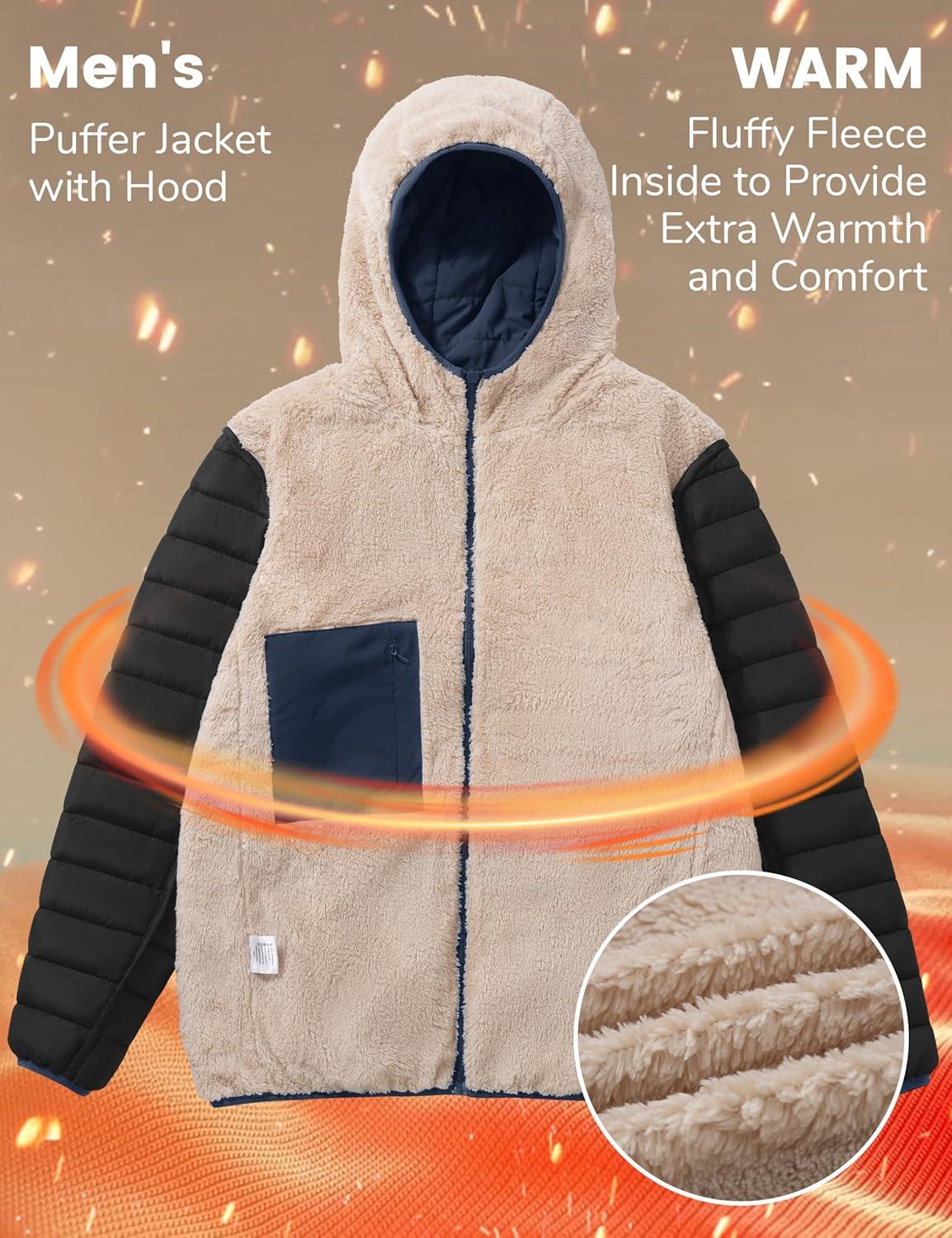 imageMAGCOMSEN Mens Puffer Jacket with Hood Fleece lined Warm Puffer Coats Water Resistant Down Jacket Zip Up Winter JacketsNavy