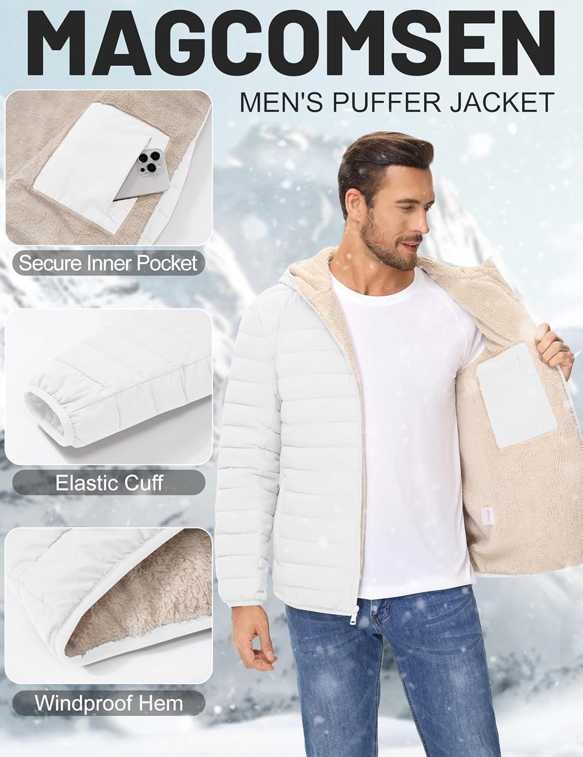 imageMAGCOMSEN Mens Puffer Jacket with Hood Fleece lined Warm Puffer Coats Water Resistant Down Jacket Zip Up Winter JacketsWhite