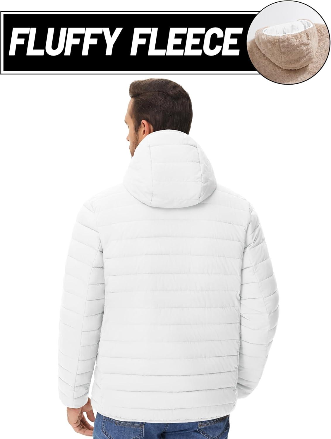imageMAGCOMSEN Mens Puffer Jacket with Hood Fleece lined Warm Puffer Coats Water Resistant Down Jacket Zip Up Winter JacketsWhite