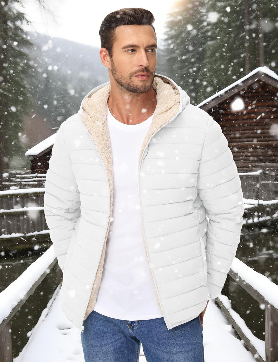 imageMAGCOMSEN Mens Puffer Jacket with Hood Fleece lined Warm Puffer Coats Water Resistant Down Jacket Zip Up Winter JacketsWhite