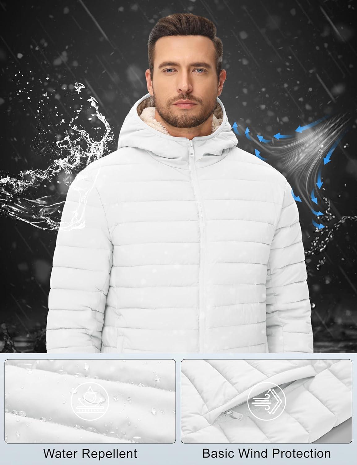 imageMAGCOMSEN Mens Puffer Jacket with Hood Fleece lined Warm Puffer Coats Water Resistant Down Jacket Zip Up Winter JacketsWhite