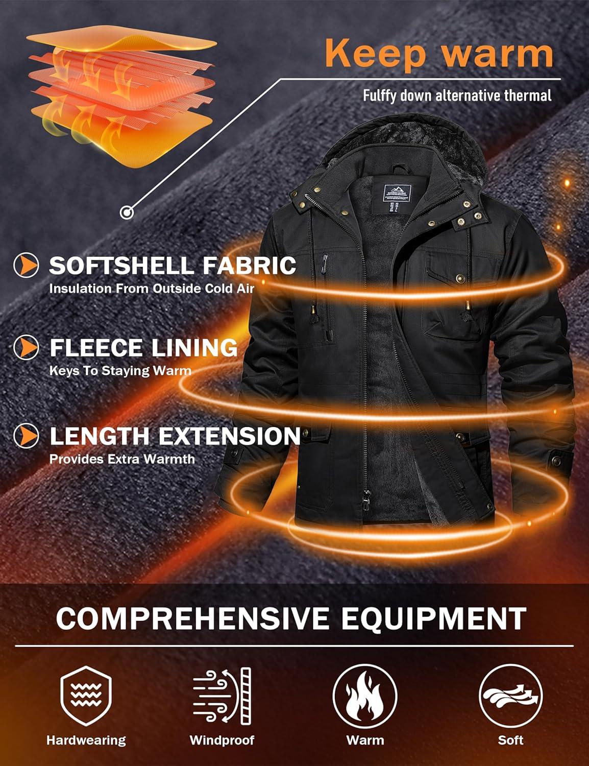 imageMAGCOMSEN Mens Winter Jacket Cotton Fleece Lined Warm Jackets Work Cargo Military Coats with 6 Pockets2 Black