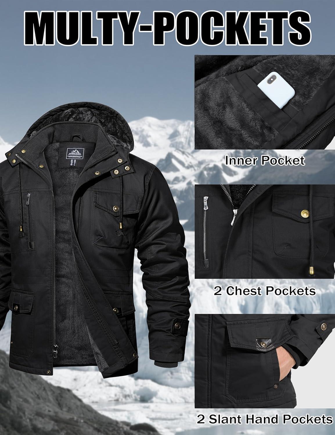 imageMAGCOMSEN Mens Winter Jacket Cotton Fleece Lined Warm Jackets Work Cargo Military Coats with 6 Pockets2 Black