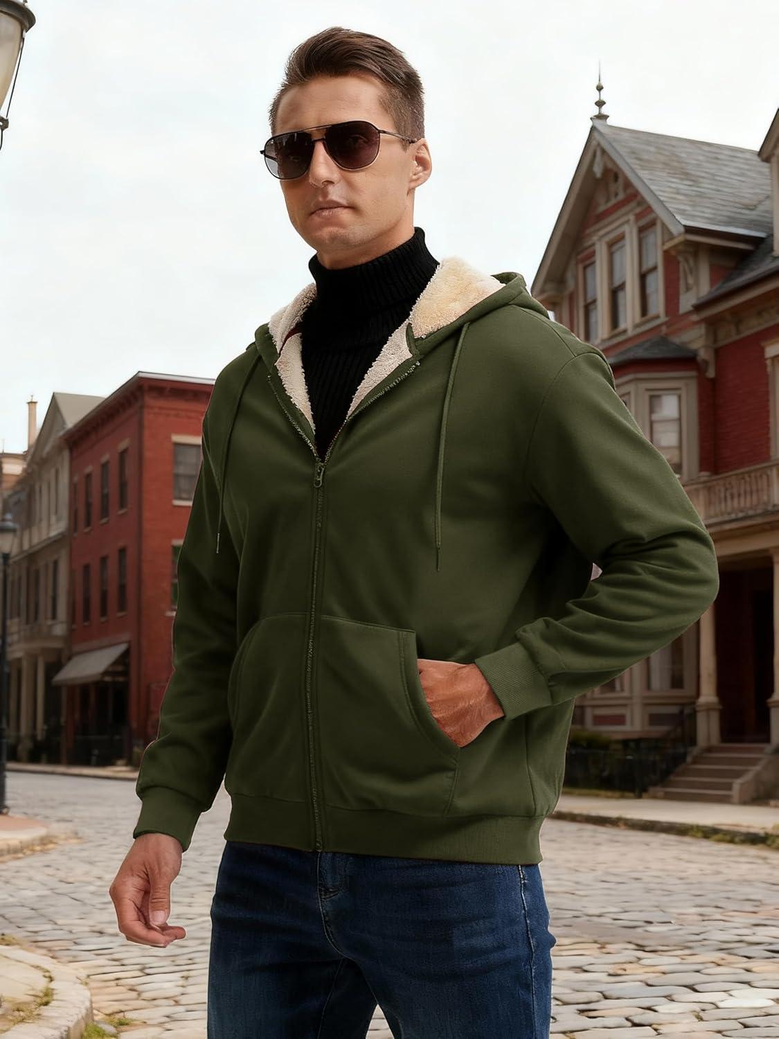 imageMAGCOMSEN Mens Zip Up Hoodie Sherpa Lined Hooded Sweatshirt Winter Heavyweight Hoodies Warm Thick Fleece JacketArmy Green